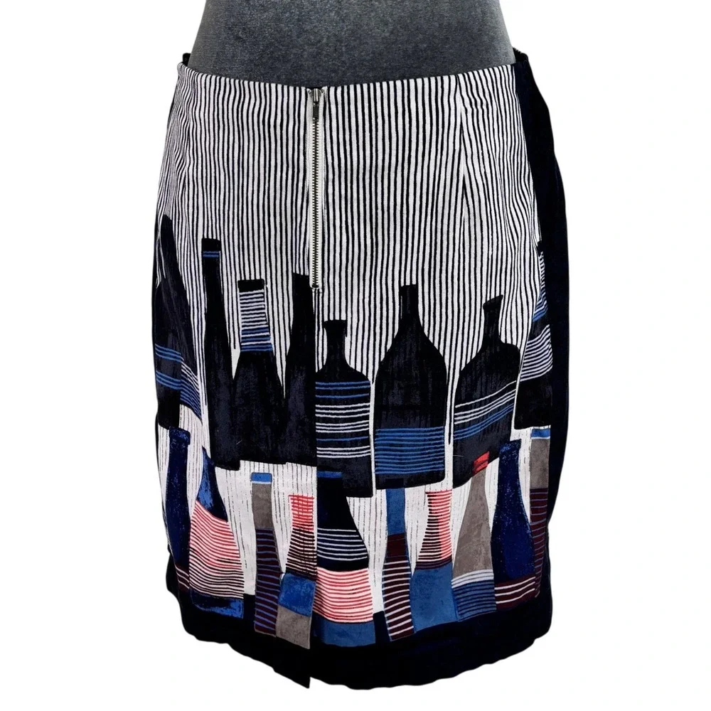 NIC+ZOE Eclectic Art to Wear Navy Wine Bottle Print Pinstripe Pencil Skirt 8 - Picture 2 of 9